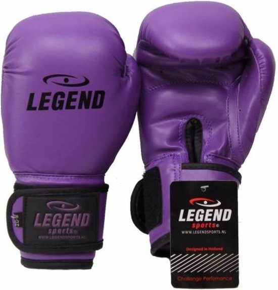 Paarse bokshandschoenen met klittenbandsluiting en een hanglabel met het Legend Sports logo.