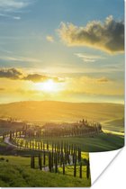 Zonsondergang over het Toscaanse landschap Poster 80x120 cm - Foto print op Poster (wanddecoratie woonkamer / slaapkamer) / Landschappen Poster