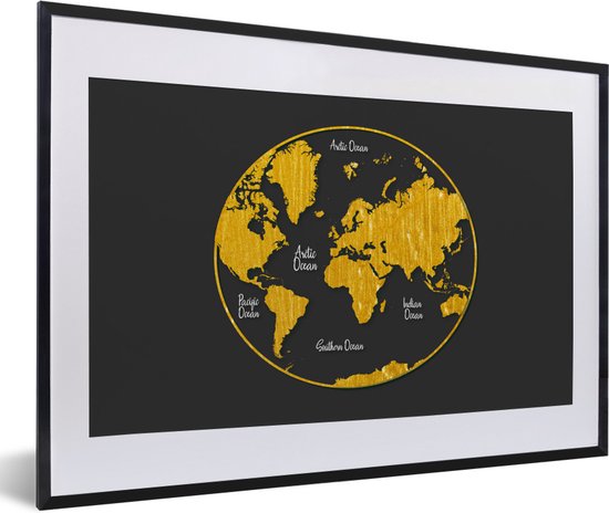 Ronde en gouden wereldkaart op een grijze achtergrond fotolijst zwart met witte passe-partout