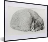 Fotolijst incl. Poster - Opgerolde liggende slapende kat - schilderij van Jean Bernard - 40x30 cm - Posterlijst