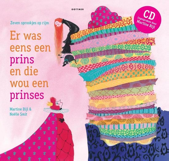 Couverture de livre avec des coussins empilés et une princesse aux longs cheveux roux, une princesse en robe rouge et un lapin. Titre : Il était une fois un prince et il voulait une princesse.