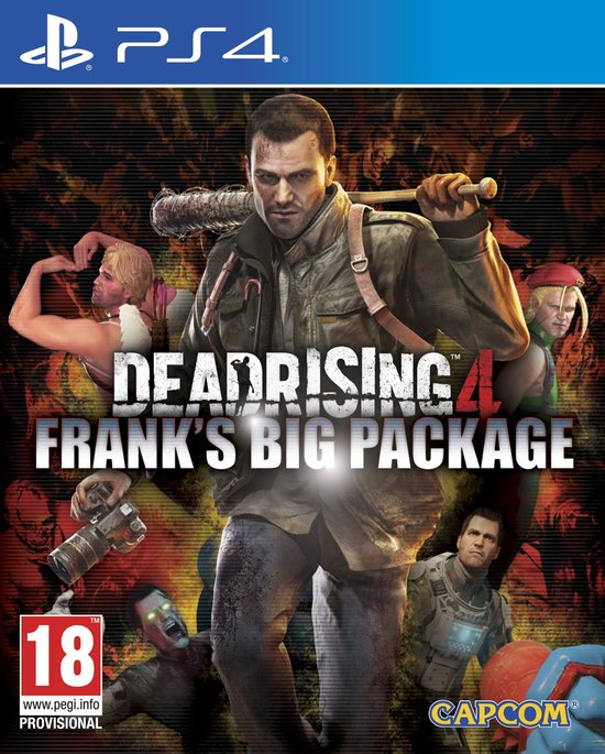Dead Rising 4 Frank's Big Package PS4 gamecover met Frank West en diverse personages en zombies.