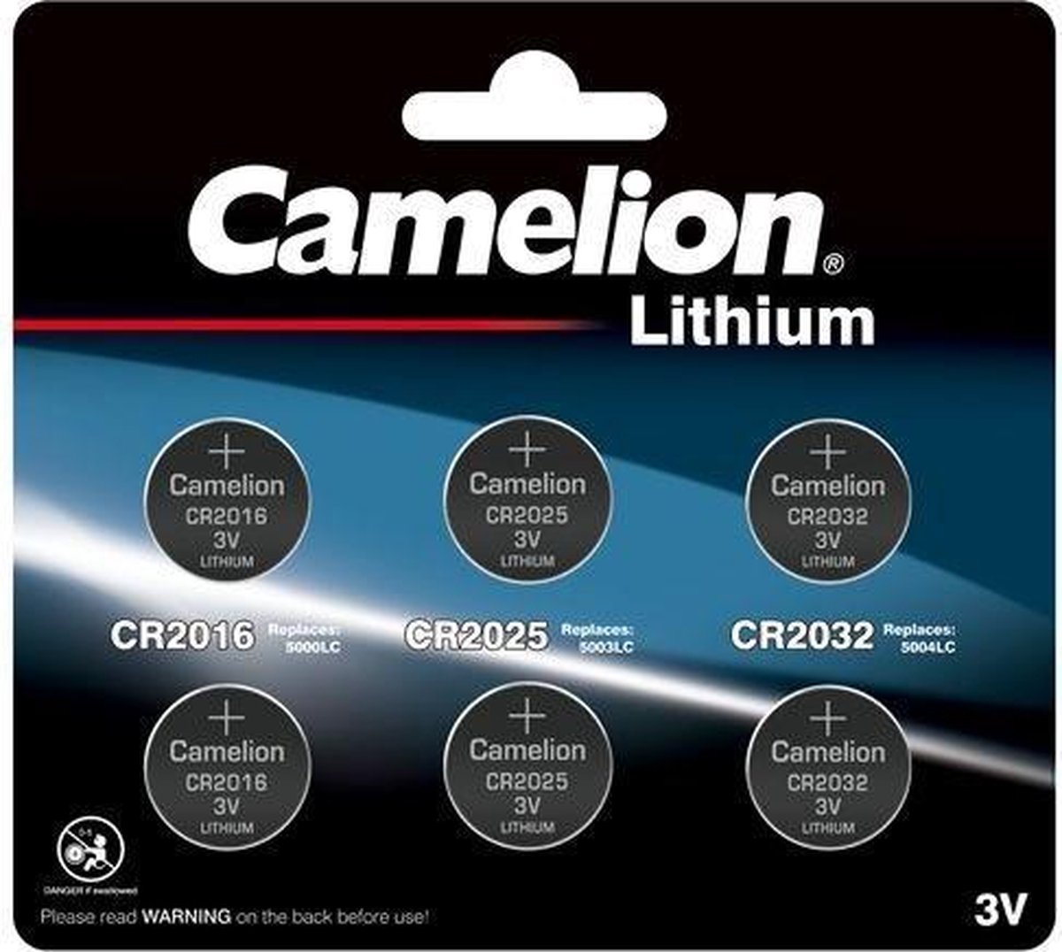 Camelion Lithium 6 Blister – 2x CR2032, 2x CR2025, 2x CR2016 – Knoopcellen