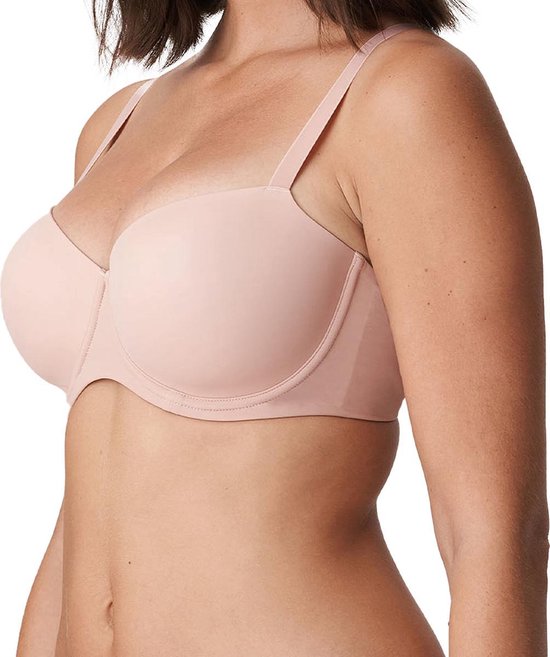 Zijzicht van een nude balconette bh met gladde, voorgevormde cups.