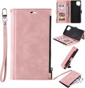 Voor Samsung Galaxy A42 5G Side Zipper Back Card Horizontale Flip PU Leather Case met Kaartsleuven & Portemonnee & Fotolijst & Lanyard (Roze)