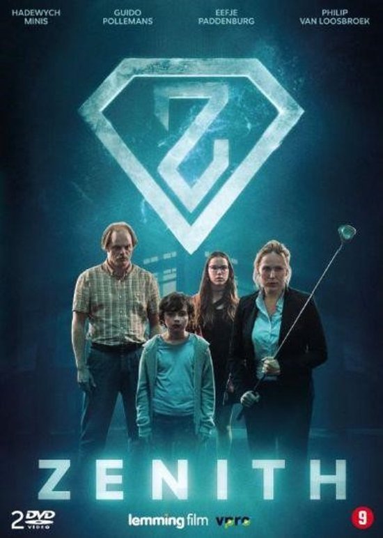 Poster voor de film Zenith met de acteurs, een gezin, die onder een groot diamantvormig logo staan. Centraal staat "ZENITH" in grote letters.