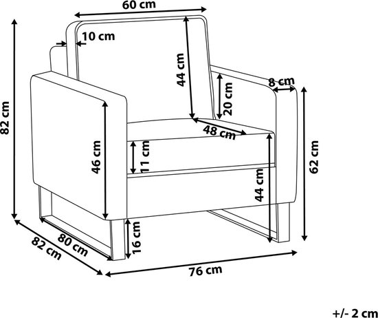 Technische tekening van een lichtroze fauteuil met afmetingen.