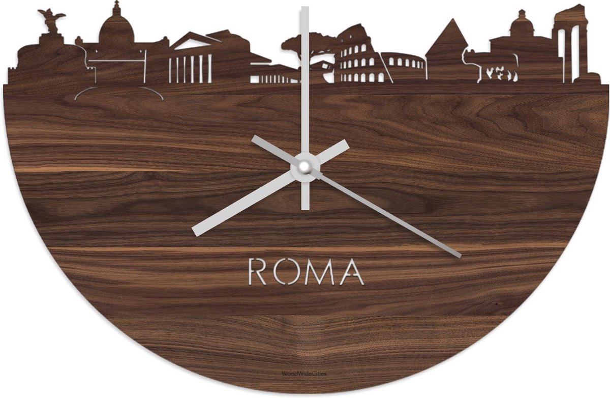Skyline Klok Rome Notenhout - Ø 40 cm - Stil uurwerk - Wanddecoratie - Meer steden beschikbaar - Woonkamer idee - Woondecoratie - City Art - Steden kunst - Cadeau voor hem - Cadeau voor haar - Jubileum - Trouwerij - Housewarming - WoodWideCities