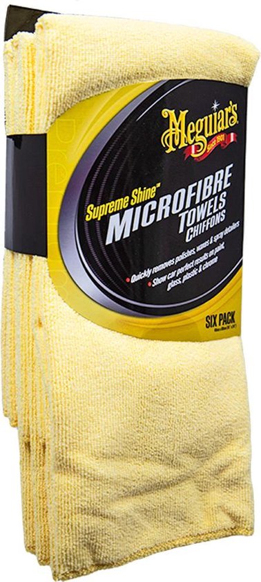 Zes lichtgele microvezeldoeken in verpakking, met Meguiar's Supreme Shine Microfibre Towels logo.