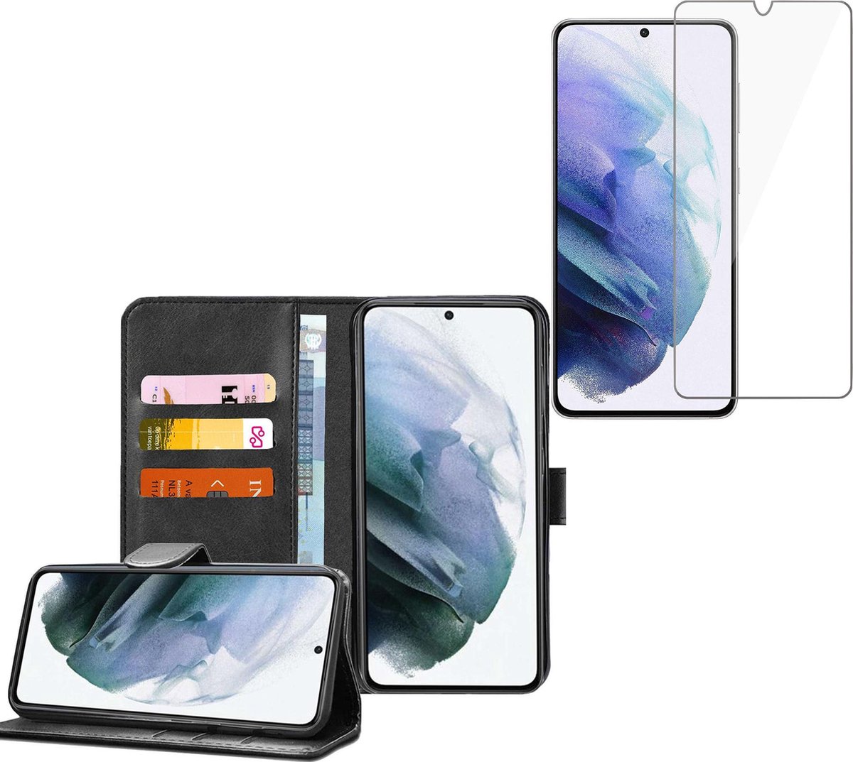 Hoesje geschikt voor Samsung Galaxy S21 Plus - Screenprotector Glas - Book Case Portemonnee Hoesje Zwart