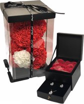 Flowerbox square met Swarovski Druppel ketting met oorbellen en Rose Bear White hart – Giftbox vrouwen – Valentijn – Moederdag cadeau - kado - Geschenkset - Cadeautje - Verjaardags