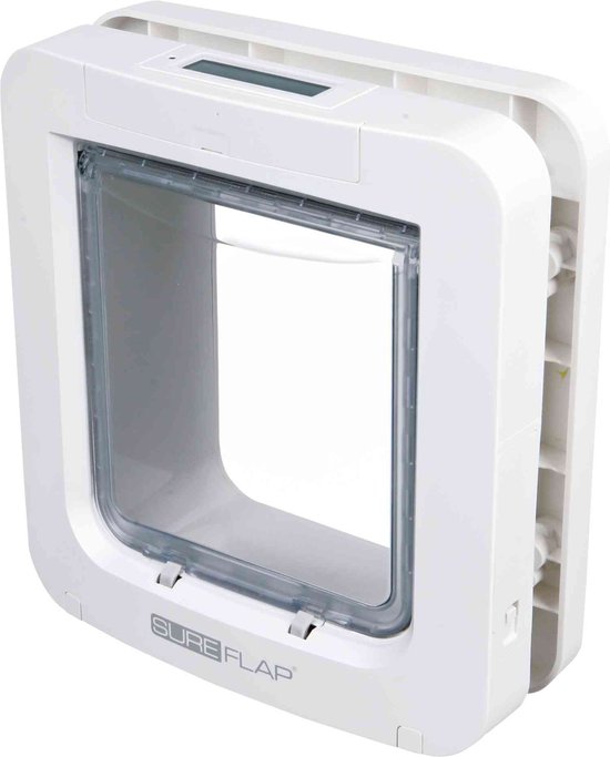 Witte microchip kattenluik, merk SureFlap, met transparant klapdeurtje.