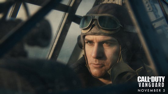 Close-up van een man met pilotenhelm en skibril in een cockpit. Call of Duty: Vanguard.