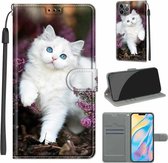 Spanning Gekleurde Tekening Magnetische Sluiting Horizontale Flip PU Lederen Case met Houder & Kaartsleuven Voor iPhone 13 mini (C08 Flower Bush Big White Cat)