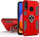 Voor Samsung Galaxy A20s koolstofvezelpatroon pc + TPU-beschermhoes met ringhouder (rood)