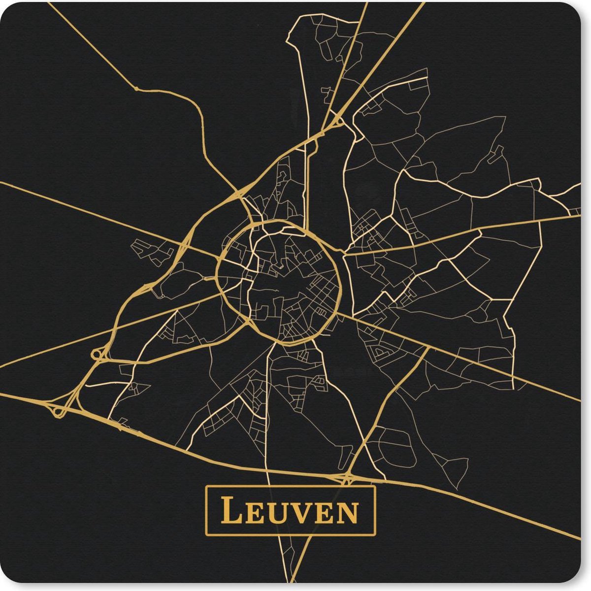 Muismat 20x20 cm - Mousepad Kaart - Leuven - Goud - Zwart - Muismatten
