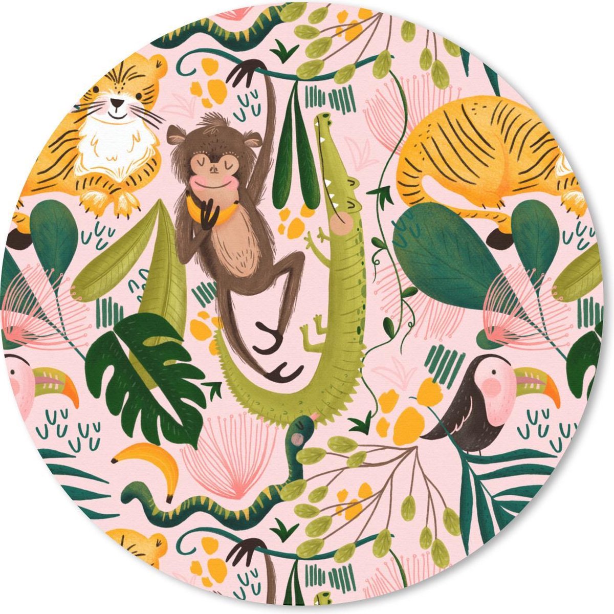 Muismat rond 30x30 cm - Mousepad Jungle - Dieren - Roze - Ronde muismatten