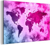 Wanddecoratie Metaal - Aluminium Schilderij Industrieel - Wereldkaart - Blauw - Roze - 150x100 cm - Dibond - Foto op aluminium - Industriële muurdecoratie - Voor de woonkamer/slaapkamer