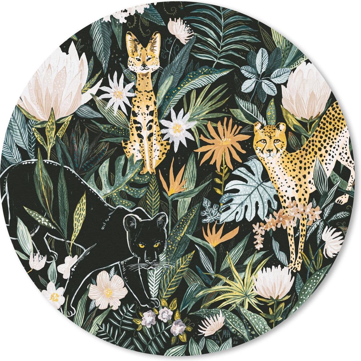 Muismat rond 20x20 cm - Mousepad Jungle - Panter - Luipaard - Planten - Ronde muismatten