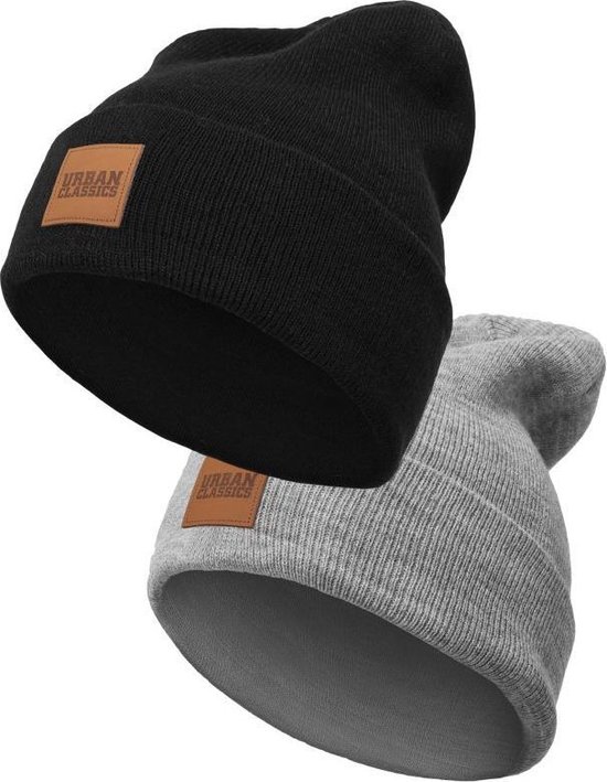 Urban Classics Kinder Beanie - Kids 122- Logo Patch 2-Pack Zwart/ Grijs