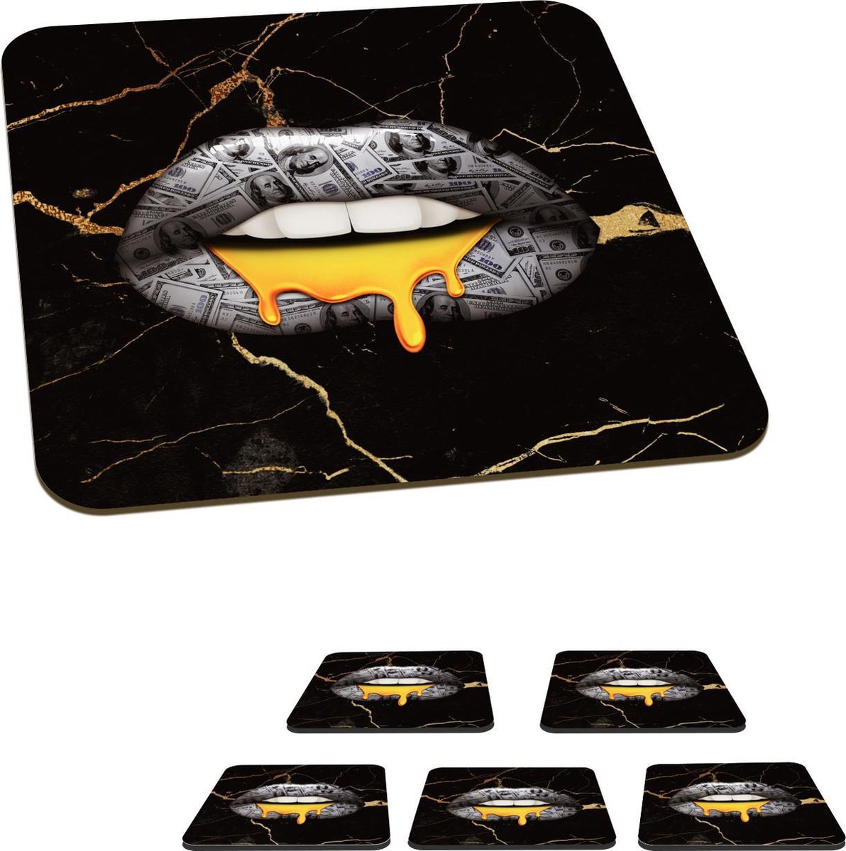 Onderzetters voor glazen - Lippen - Geld - Abstract - 10x10 cm - Glasonderzetters - 6 stuks