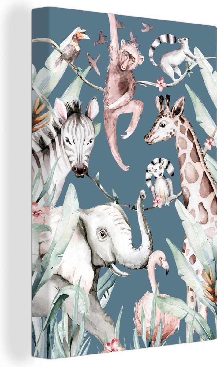 Canvas Schilderij Waterverf - Dieren - Jungle - Jongens - Blauw - Kids - 80x120 cm - Wanddecoratie