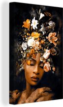 Canvas Schilderij Bloemen - Vrouw - Goud - 80x120 cm - Wanddecoratie