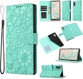 Voor Samsung Galaxy Note10+ Huid Voelen Reliëf Zonnebloem Horizontale Flip Lederen Case met Houder & Kaartsleuven & Portemonnee & Lanyard (Groen)