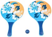 Houten beachball set blauw/oranje met bloemen print- Strand balletjes - Rackets/batjes en bal - Tennis ballenspel