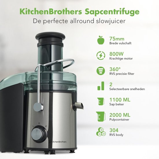 KitchenBrothers Juicer - Extracteur de jus lent avec récipient à pulpe - Légumes / Fruits - 1100ML - 800W - Acier inoxydable