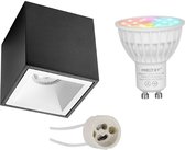 Mi-Light MiBoxer - Opbouwspot Set GU10 - Smart LED - Wifi LED - Slimme LED - 4W - RGB+CCT - Aanpasbare Kleur - Dimbaar - Pragmi Cliron Pro - Opbouw Vierkant - Mat Zwart/Wit - Verdiept - 90mm 
