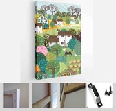 Garden, farm and agriculture. Vector illustration of gardener, garden beds, fields, maps, houses, nature, greenhouse and harvest - Modern Art Canvas - Vertical - 1898633680 - 50*40