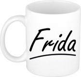 Frida naam cadeau mok / beker sierlijke letters - Cadeau collega/ moederdag/ verjaardag of persoonlijke voornaam mok werknemers