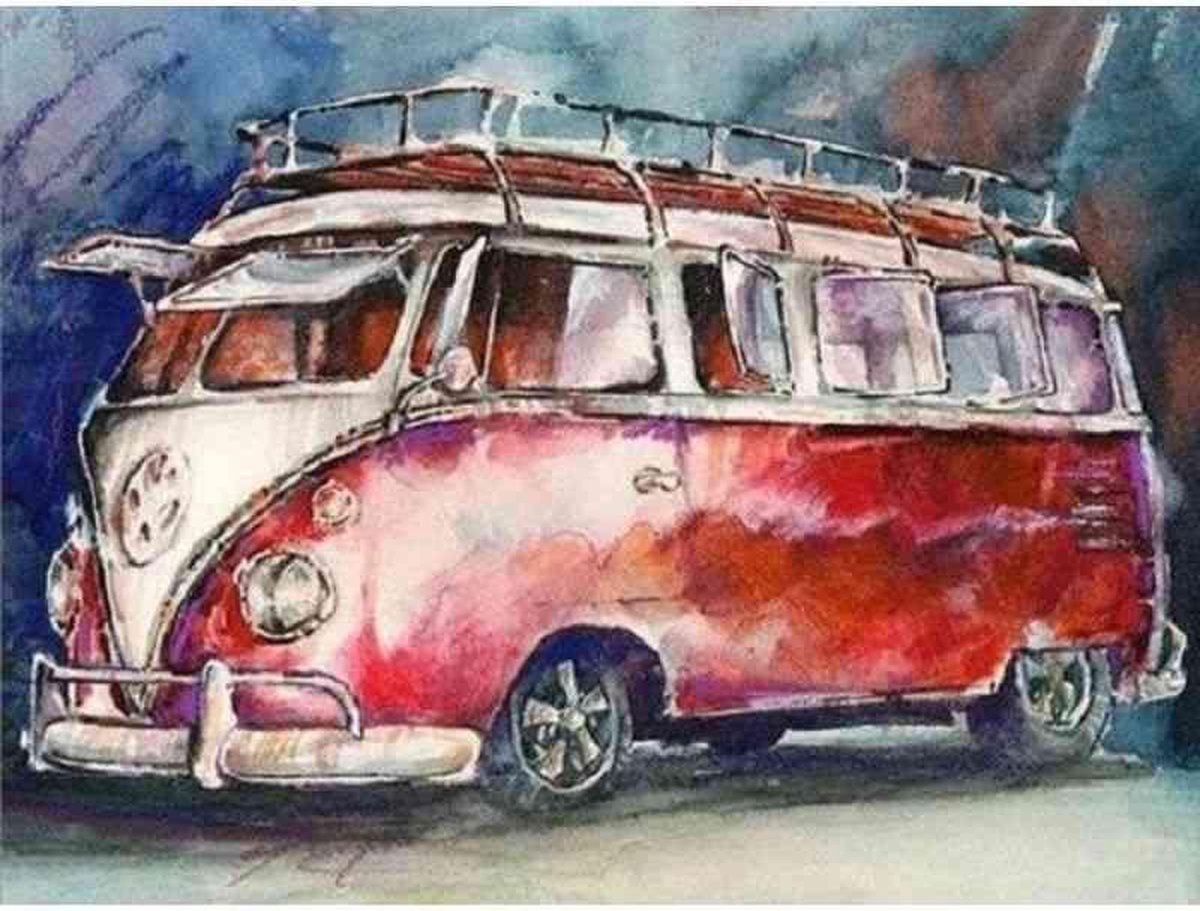 Diamond painting Tekening van rode VW bus Geproduceerd in Nederland
