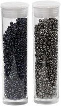 Rocailles, zwart, donker metallic grijs, d: 1,7 mm, afm 15/0 , gatgrootte 0,5-0,8 mm, 2x7 gr/ 1 doos