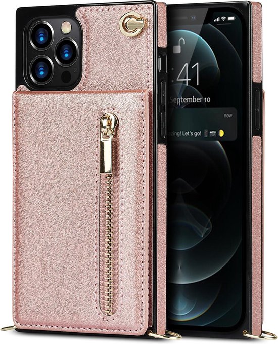 Roze telefoonhoesje met pasjeshouder en ritssluiting, naast een iPhone.