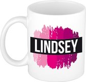 Lindsey  naam cadeau mok / beker met roze verfstrepen - Cadeau collega/ moederdag/ verjaardag of als persoonlijke mok werknemers