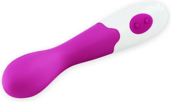 Vibrateur violet avec une base blanche et deux boutons violets, couché.