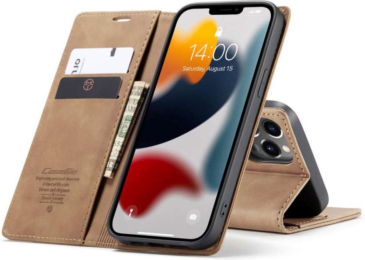 iPhone 13 Pro Bookcase hoesje - CaseMe - Effen Tan - Kunstleer