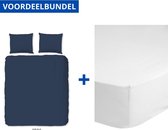 Luxe Dekbedovertrek Eenpersoons - 140x200/220cm - Inclusief 1 Kussensloop - 100% Zacht Katoensatijn - Donker Blauw + Zachte Katoenen Hoeslaken - 80x200cm - Wit