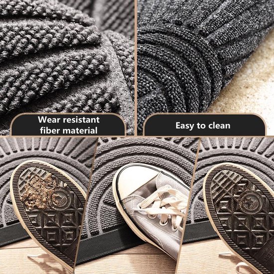 Close-ups van een lichtgrijze deurmat, met texturen van de vezels en een afbeelding van schoenen die vuil van de zolen verwijderen. De tekst 'Wear resistant fiber material' en 'Easy to clean' zijn zichtbaar.