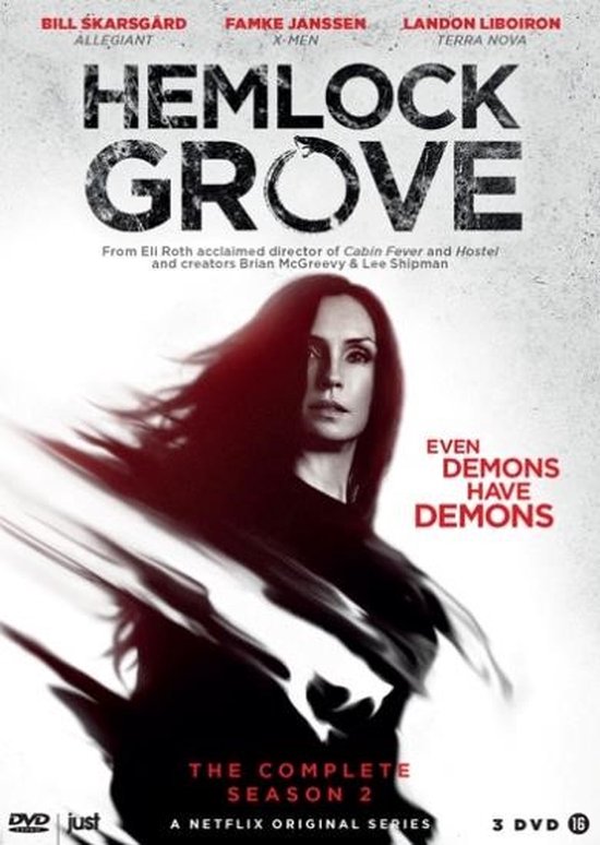 DVD-hoes Hemlock Grove Seizoen 2 met Famke Janssen en tekst 'EVEN DEMONS HAVE DEMONS'.