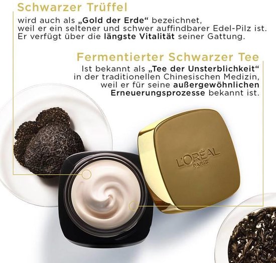 L'Oréal Paris Age Perfect Cell Renaissance dagcrème met gouden deksel, geopend met crème en met truffels en zwarte thee ernaast.