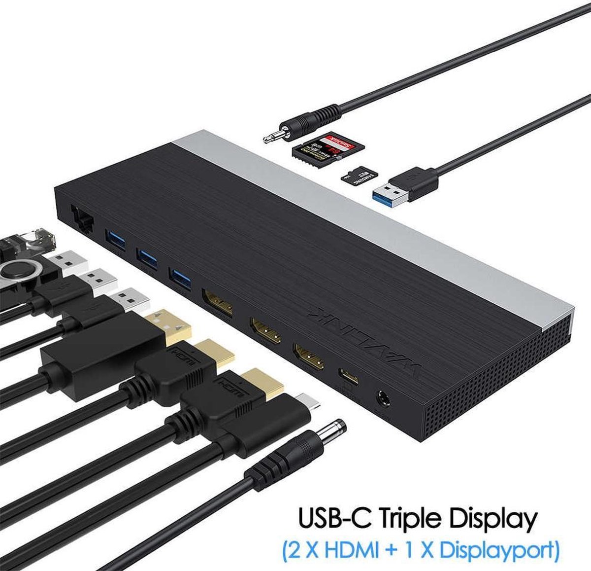 Wavlink USB-C Docking station 2 x HDMI - 1 x Displayport - 100W opladen - Ethernet - kaartlezer - 4 x USB-A - Audio In/Uit - Geschikt voor laptops met Thunderbolt 5, Thunderbolt 4, Thunderbolt 3 en USB-C
