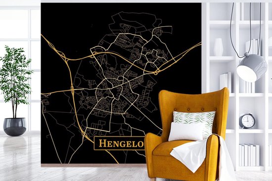 Behang - Fotobehang Kaart - Hengelo - Luxe - Goud - Zwart - Breedte 350 cm x hoogte 350 cm