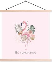Posterhanger incl. Poster 60x60 cm - Schoolplaat - Flamingo - Bloemen - Bladeren - Pastel - Textielposter - Blanke latten