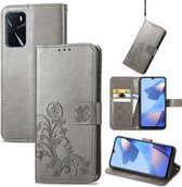 Voor OPPO A16 Vier-blad sluiting Reliëf Gesp Mobiele Telefoon Bescherming Lederen Case met Lanyard & Card Slot & Portemonnee & Beugel Functie (grijs)