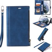 Voor Samsung Galaxy Note20 Ultra Side Zipper Back Card Horizontale Flip PU Leather Case met Kaartsleuven & Portemonnee & Fotolijst & Lanyard (Blauw)