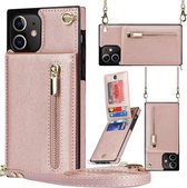 Cross-body Rits Vierkante TPU + PU Achterkant Case met Houder & Kaartsleuven & Portemonnee & Riem voor iPhone 12/12 Pro (Rose Gold)