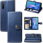 Voor Sony Xperia 10 III Effen Kleur Lederen Gesp Telefoon Case met Lanyard & Fotolijst & Kaartsleuf & Portemonnee & Stand Functie (Blauw)